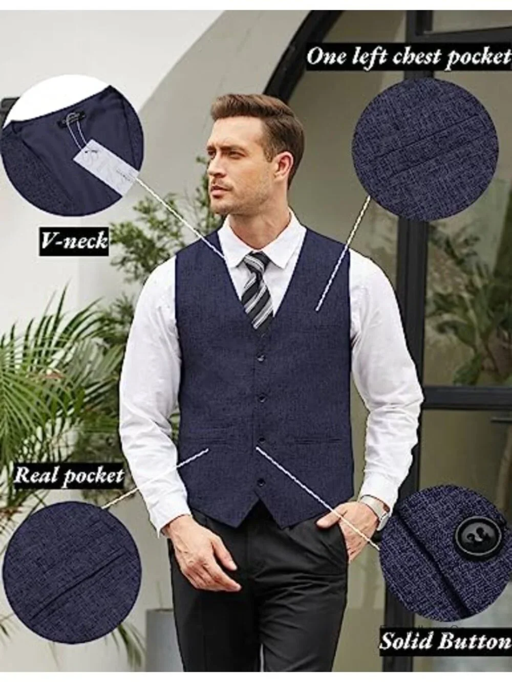 Lightweight Polyester Suit Vest for Men - Slim Fit Business Waistcoat Button